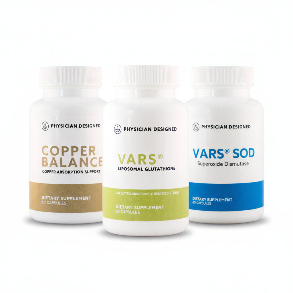 Copper Balance, VARS Glutathione and VARS SOD Cellular Defense Stack — three Physician Designed supplement bottles on white background — copper absorption, antioxidant and superoxide defense bundle
