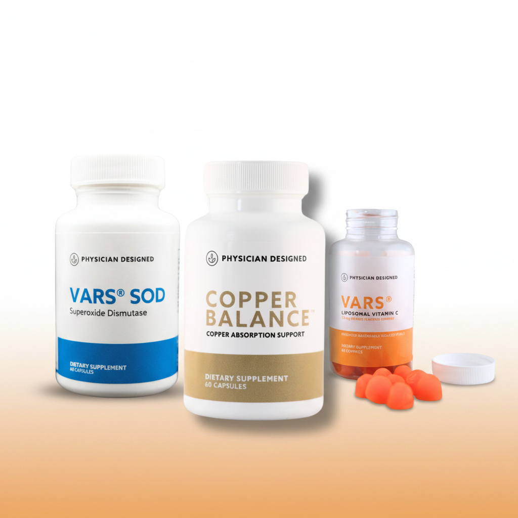 Copper Balance, VARS SOD and VARS Liposomal Vitamin C Gummies Anti-Inflammatory and Recovery Stack angled bundle shot — Copper Balance, VARS SOD Superoxide Dismutase and VARS Liposomal Vitamin C Gummies by Physician Designed — ceruloplasmin, superoxide and immune defense stack