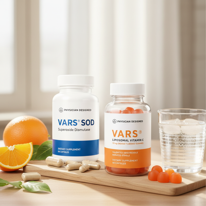Copper Balance, VARS SOD and VARS Liposomal Vitamin C Gummies Anti-Inflammatory and Recovery Stack lifestyle photo — three Physician Designed supplement bottles on wooden surface with orange slices and greenery — daily anti-inflammatory and recovery support