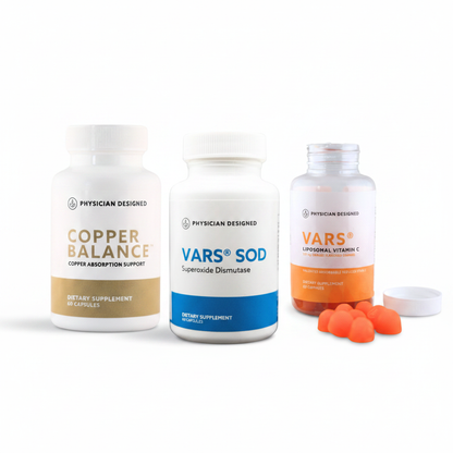 Copper Balance, VARS SOD and VARS Liposomal Vitamin C Gummies Anti-Inflammatory and Recovery Stack — three Physician Designed supplement bottles on white background — copper absorption, superoxide defense and immune support bundle