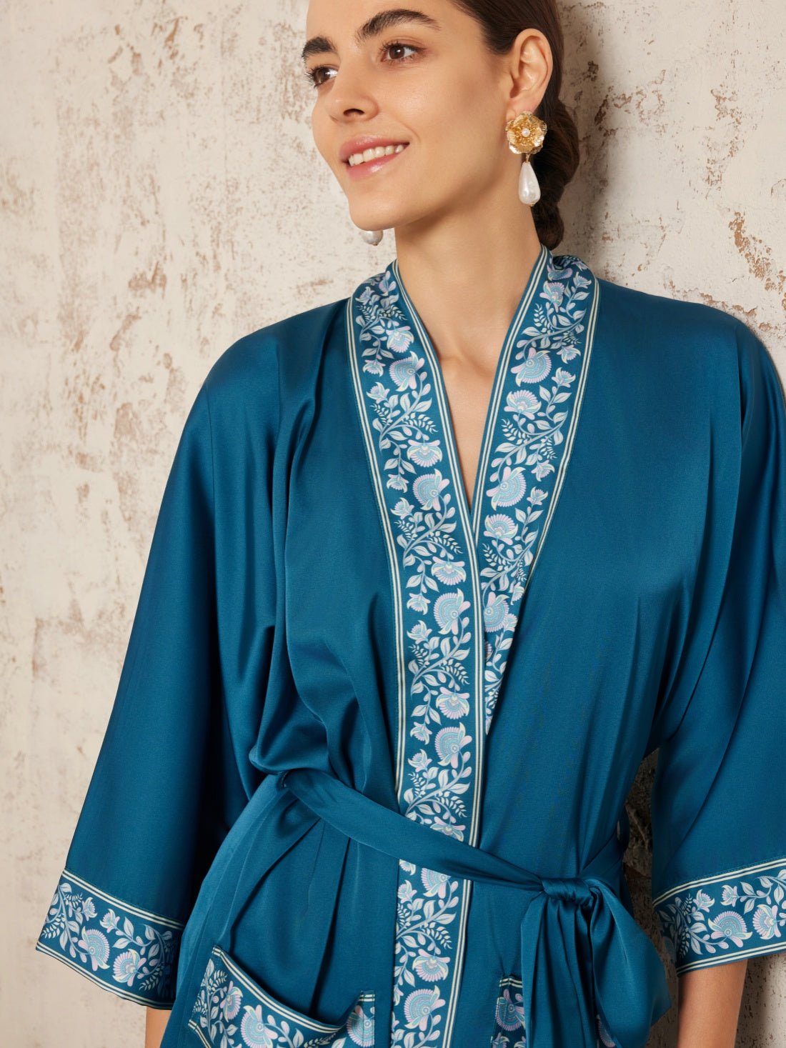 Dark Blue Embellished Flower Short Robe with Pockets | Daily Health & Beauty