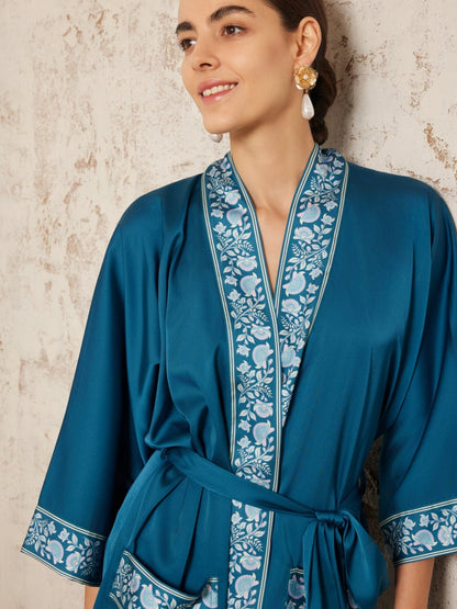 Dark Blue Embellished Flower Short Robe with Pockets | Daily Health & Beauty