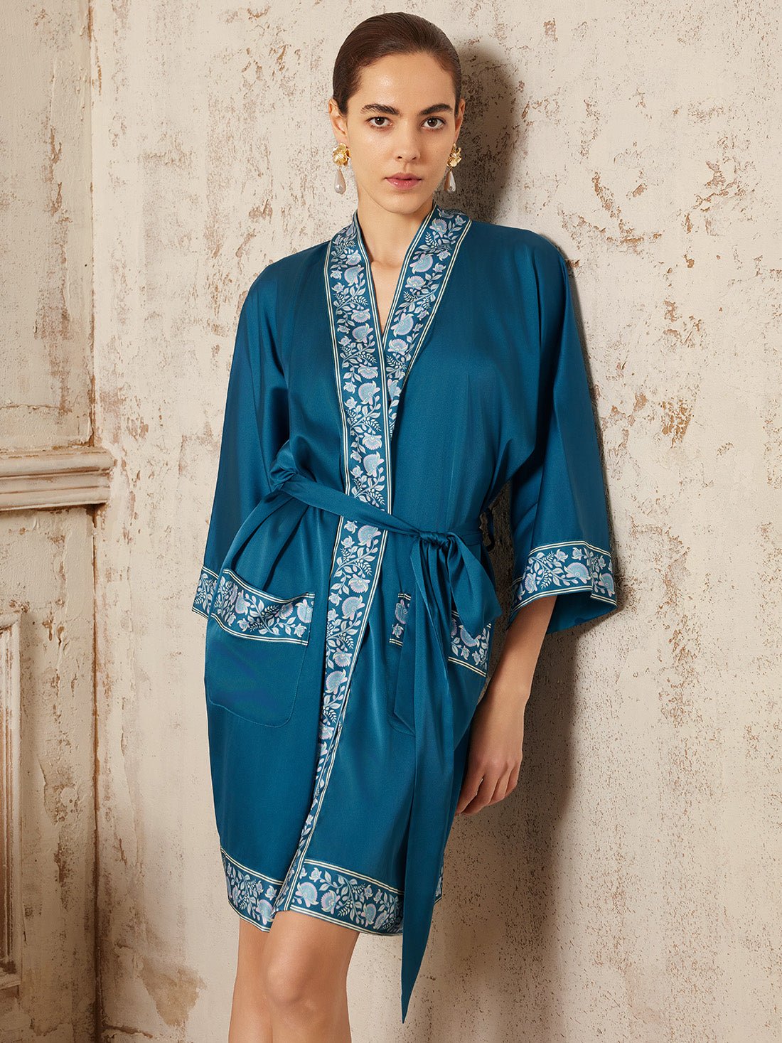 Dark Blue Embellished Flower Short Robe with Pockets | Daily Health & Beauty