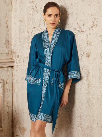 Dark Blue Embellished Flower Short Robe with Pockets | Daily Health & Beauty