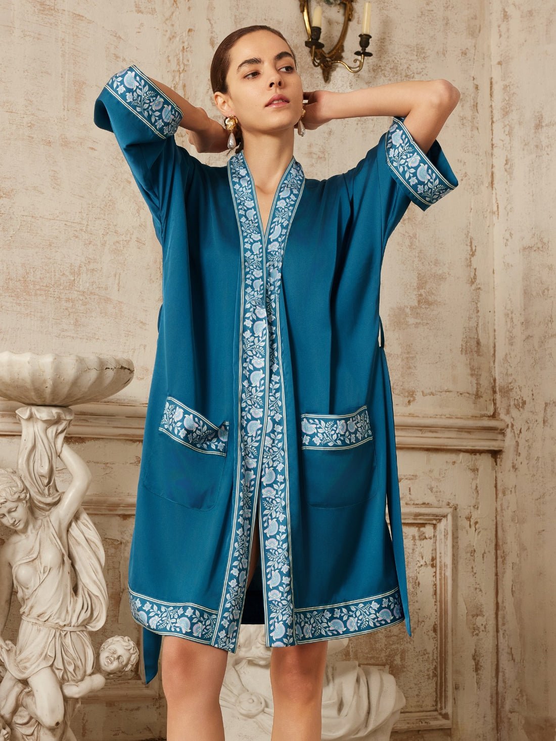 Dark Blue Embellished Flower Short Robe with Pockets | Daily Health & Beauty