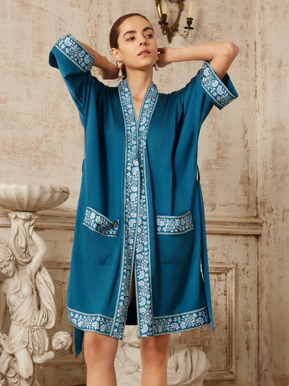 Dark Blue Embellished Flower Short Robe with Pockets | Daily Health & Beauty