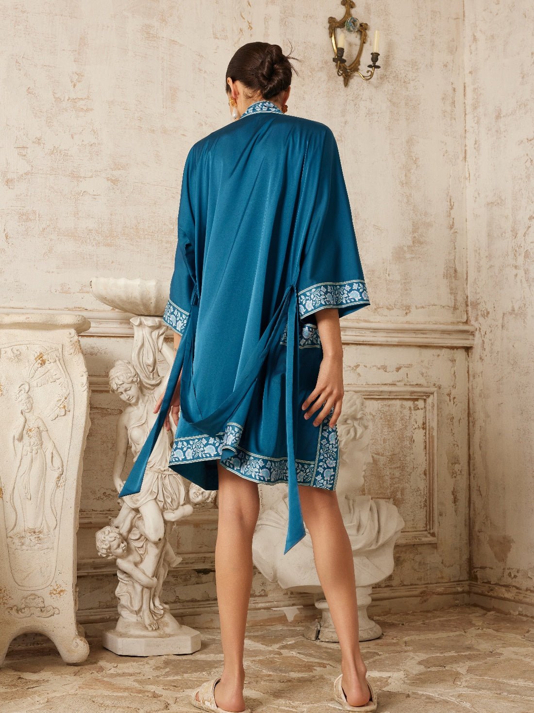Dark Blue Embellished Flower Short Robe with Pockets | Daily Health & Beauty