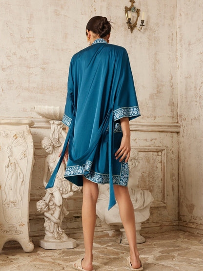 Dark Blue Embellished Flower Short Robe with Pockets | Daily Health & Beauty
