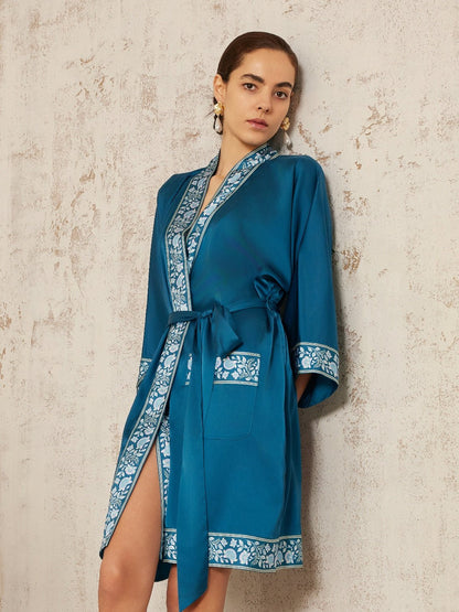 Dark Blue Embellished Flower Short Robe with Pockets | Daily Health & Beauty