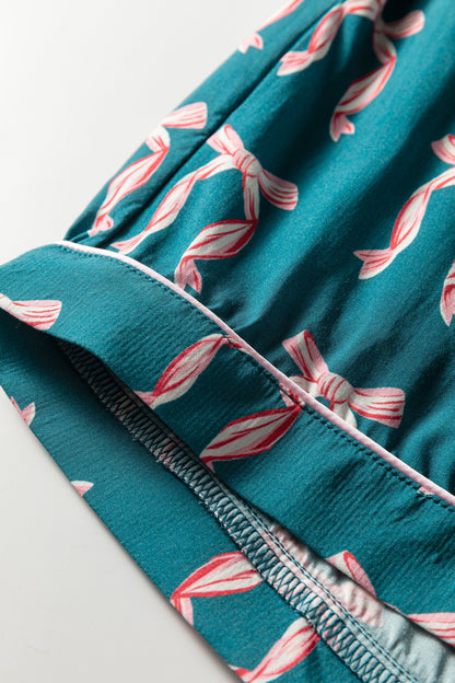 Green Ribbon Bow Print Silky Long Sleeve Shirt and Shorts 2pcs Pajama Set