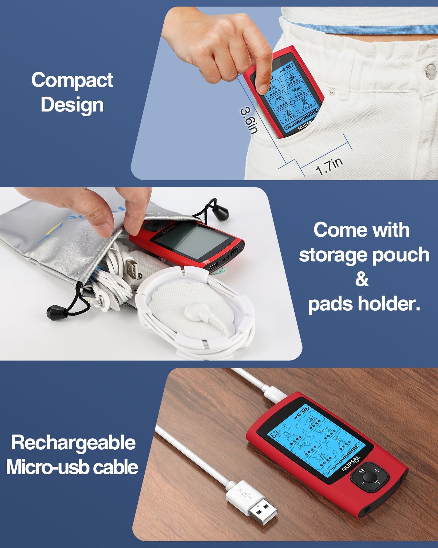 24 Modes TENS Unit Muscle Stimulator, Red Color, Rechargeable Electronic Pulse Massager with 8 Pads for Back and Shoulder Pain Relief and Muscle Strength