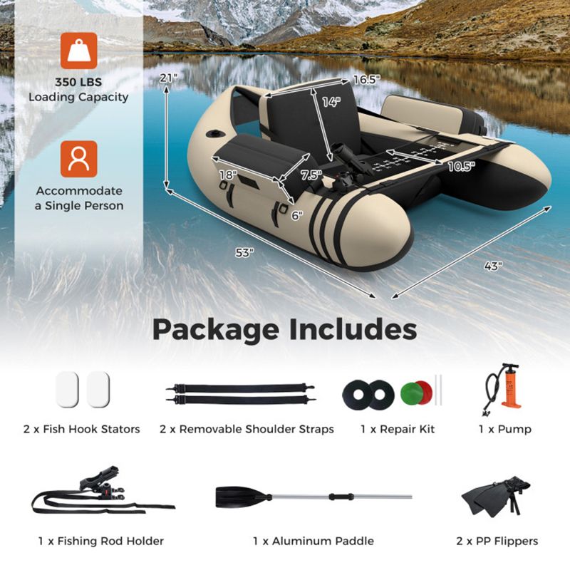 Inflatable Fishing Float Tube with Pump Storage Pockets and Fish Ruler