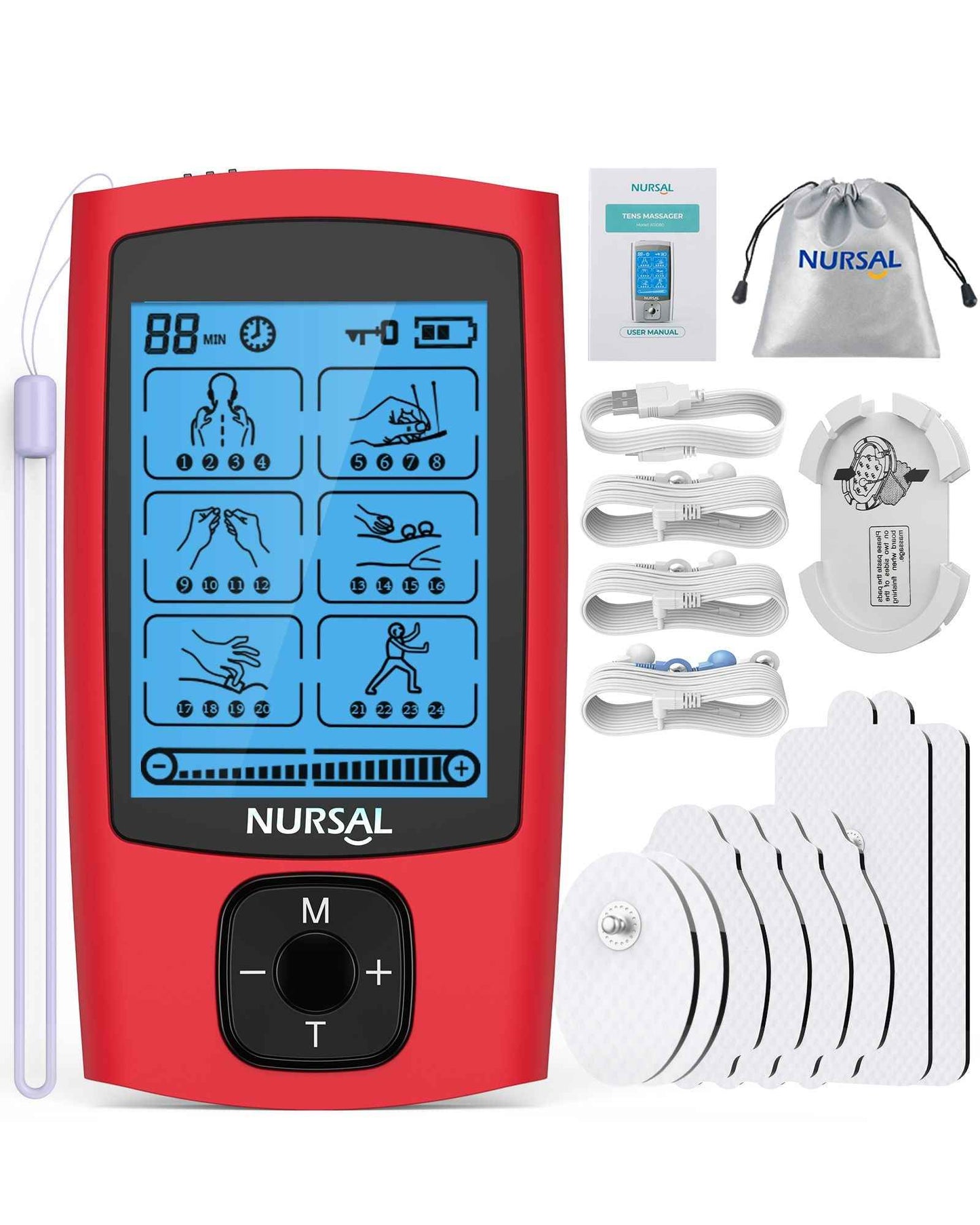 24 Modes TENS Unit Muscle Stimulator, Red Color, Rechargeable Electronic Pulse Massager with 8 Pads for Back and Shoulder Pain Relief and Muscle Strength