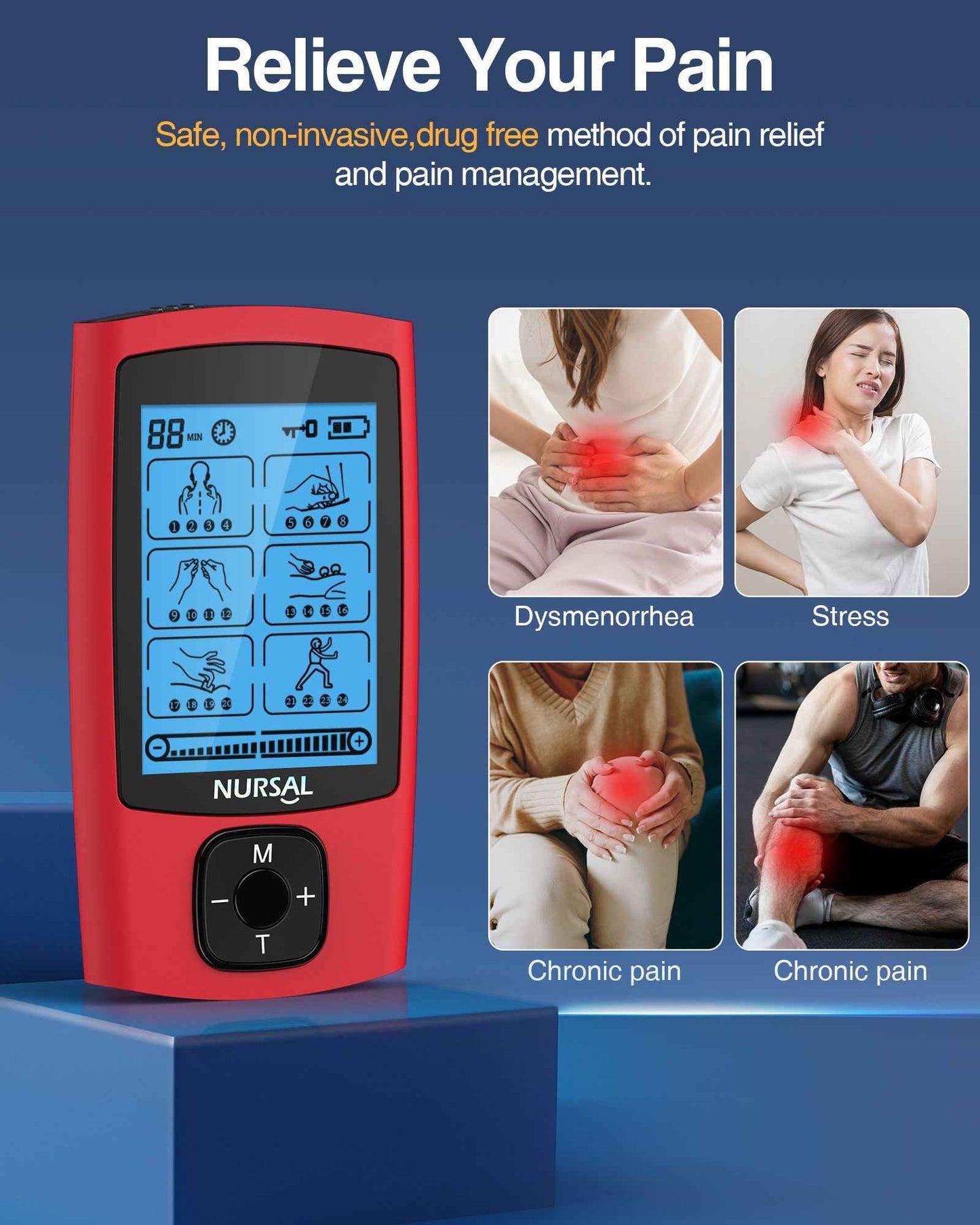 24 Modes TENS Unit Muscle Stimulator, Red Color, Rechargeable Electronic Pulse Massager with 8 Pads for Back and Shoulder Pain Relief and Muscle Strength