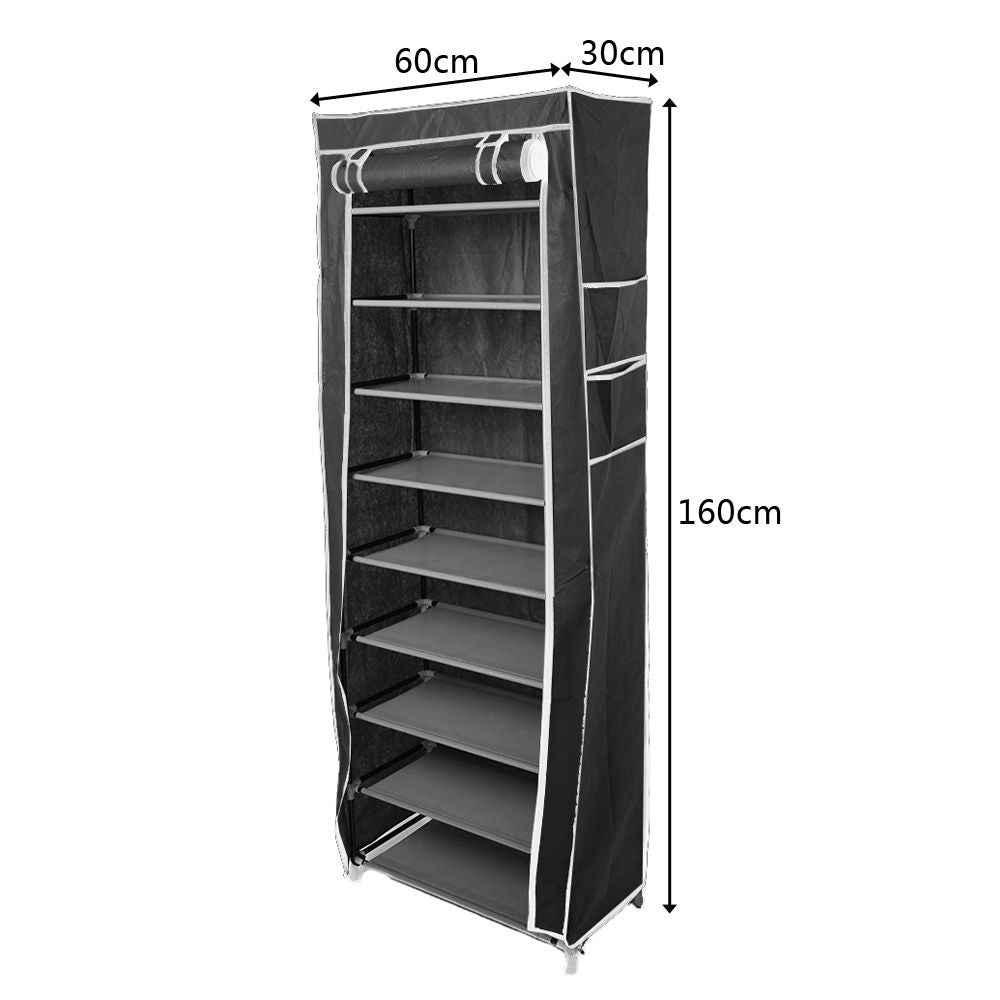 Room-saving 10-Layers 9 Lattices Non-woven Fabric Shoe Rack Black