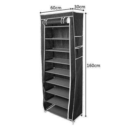 Room-saving 10-Layers 9 Lattices Non-woven Fabric Shoe Rack Black