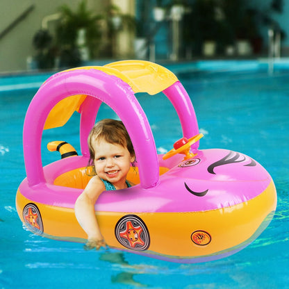 Car-Shaped Baby Float with Canopy – Toddler Swim Ring Toy