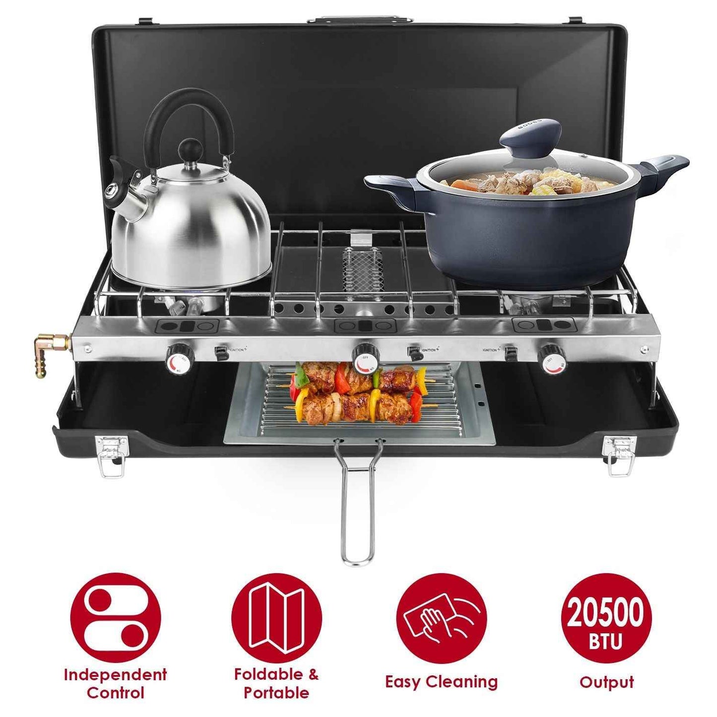 3-Burner 20,000 BTU Portable Propane Camping Stove