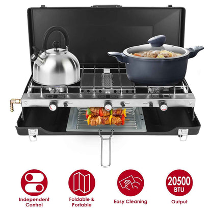 3-Burner 20,000 BTU Portable Propane Camping Stove