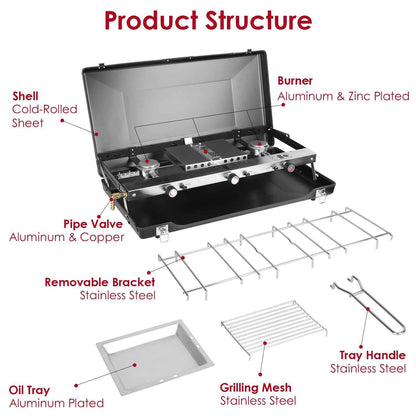 3-Burner 20,000 BTU Portable Propane Camping Stove