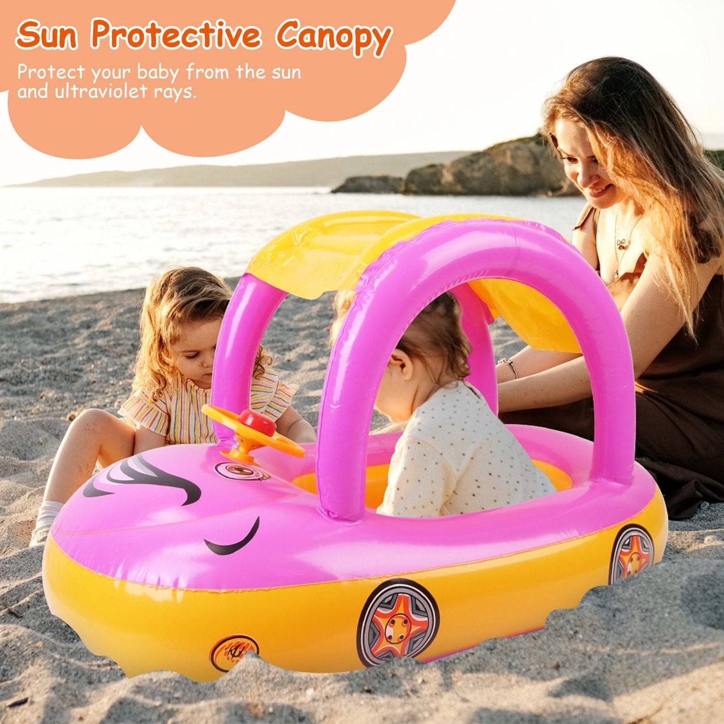 Car-Shaped Baby Float with Canopy – Toddler Swim Ring Toy
