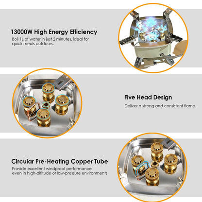 13000W Portable Windproof Camping Stove Five-head Gas Cooking Burner