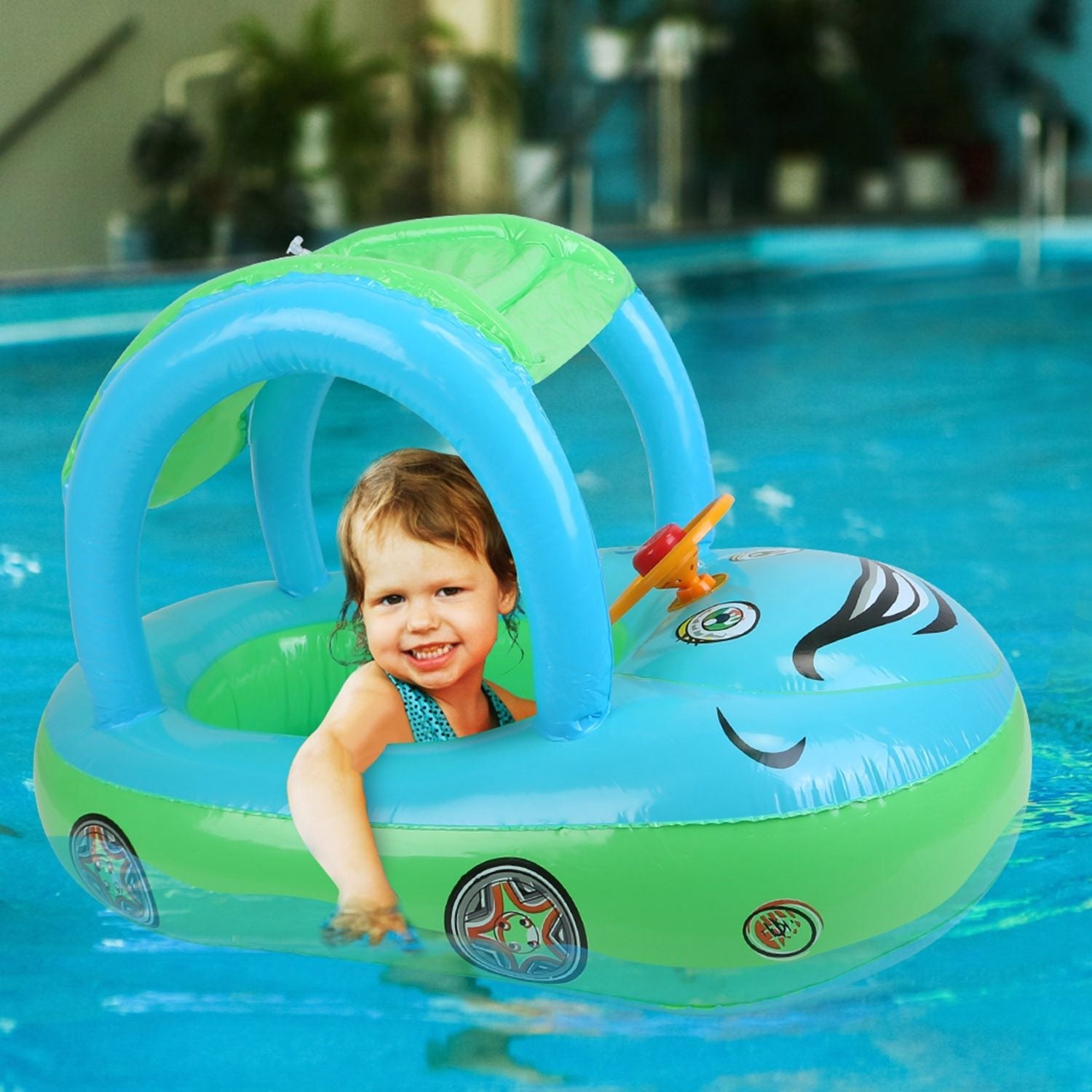 Car-Shaped Baby Float with Canopy – Toddler Swim Ring Toy