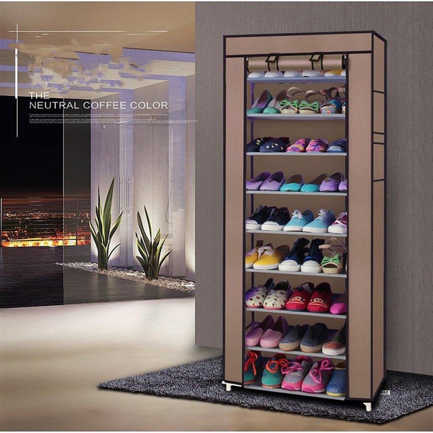 Room-saving 10-Layers 9 Lattices Non-woven Fabric Shoe Rack Black