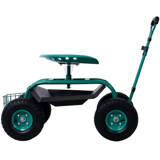 Chariot de Jardin à Roulettes avec Siège Pivotant à 360° et Plateau à Outils, Vert