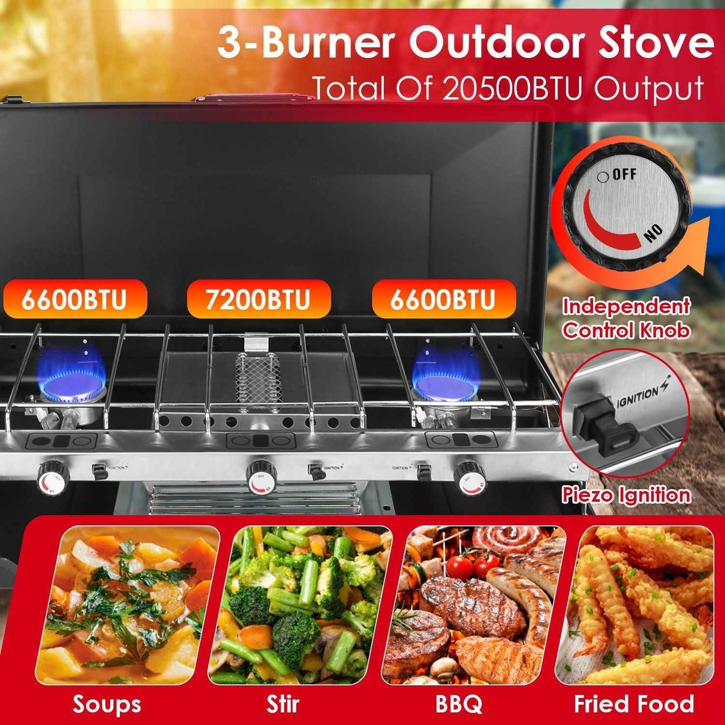 3-Burner 20,000 BTU Portable Propane Camping Stove
