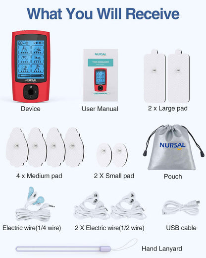 24 Modes TENS Unit Muscle Stimulator, Red Color, Rechargeable Electronic Pulse Massager with 8 Pads for Back and Shoulder Pain Relief and Muscle Strength
