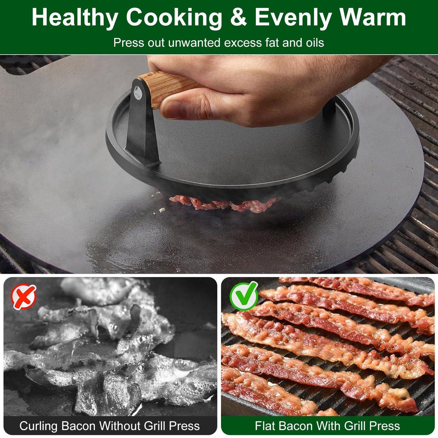 2-Piece Cast Iron Grill Press Set – Round & Rectangular Meat Smasher