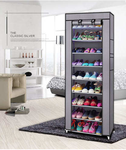 Room-saving 10-Layers 9 Lattices Non-woven Fabric Shoe Rack Black