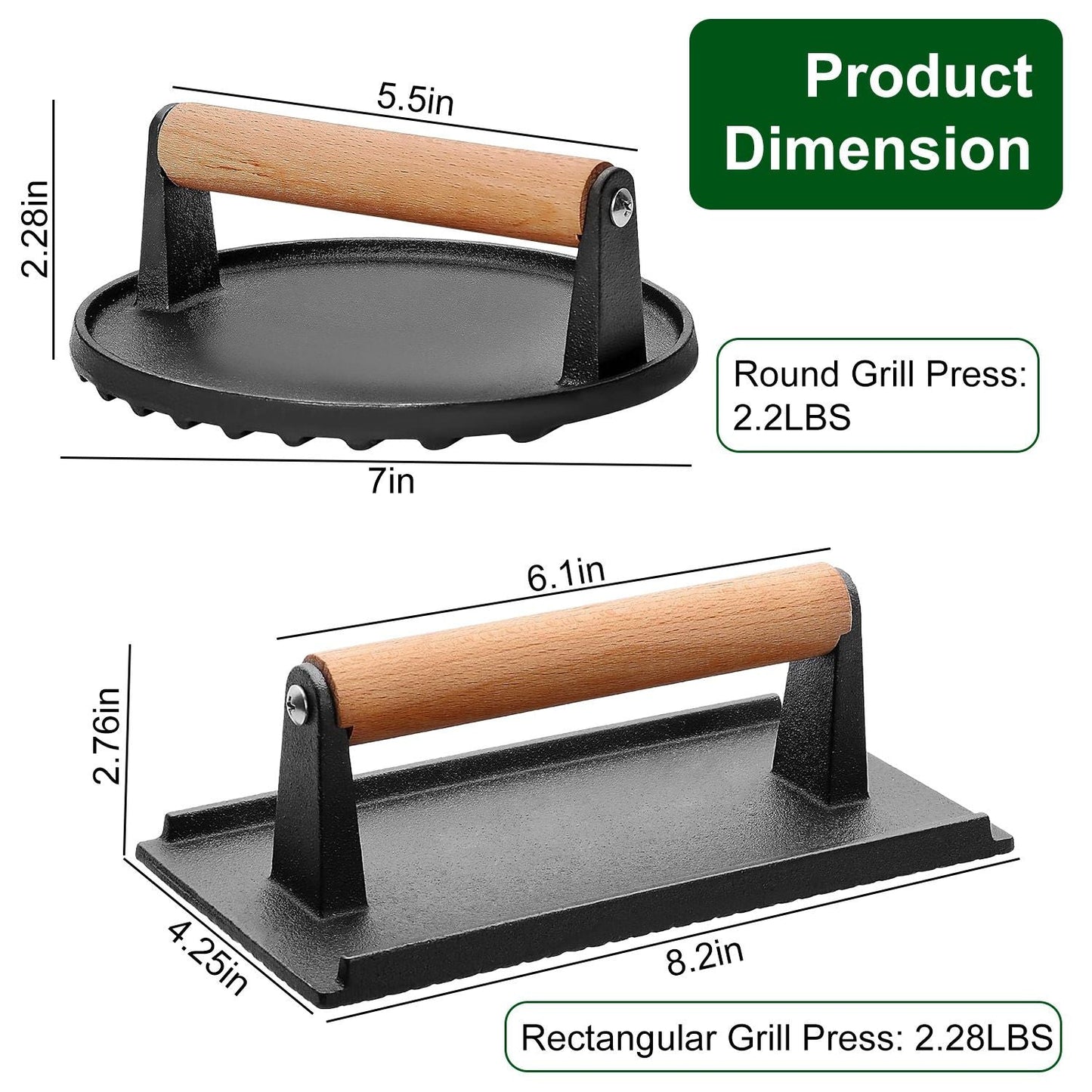 2-Piece Cast Iron Grill Press Set – Round & Rectangular Meat Smasher
