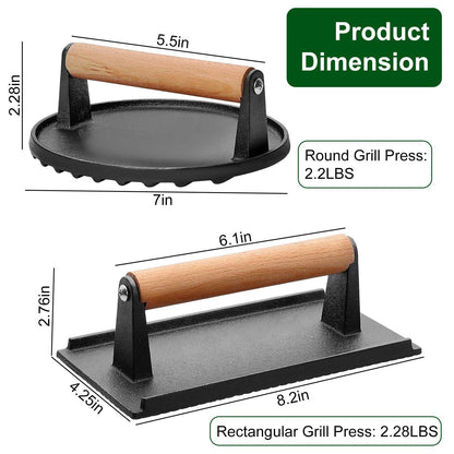 2-Piece Cast Iron Grill Press Set – Round & Rectangular Meat Smasher