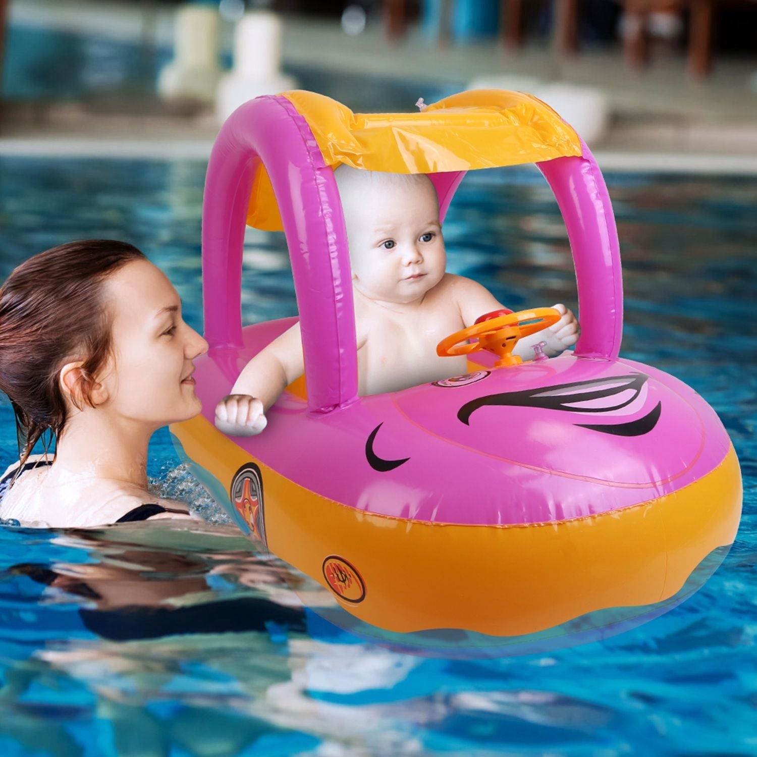 Car-Shaped Baby Float with Canopy – Toddler Swim Ring Toy