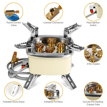 13000W Portable Windproof Camping Stove Five-head Gas Cooking Burner