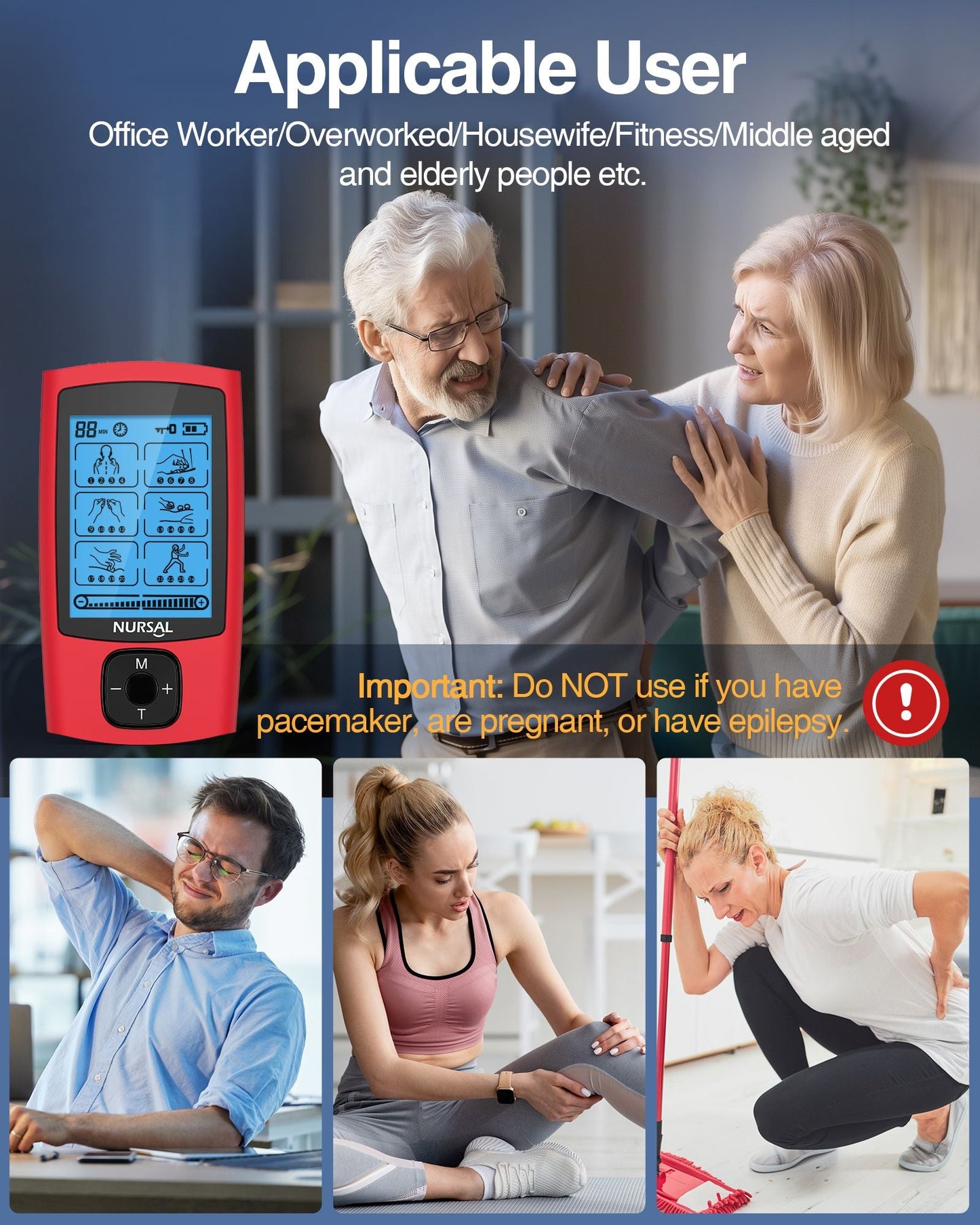 24 Modes TENS Unit Muscle Stimulator, Red Color, Rechargeable Electronic Pulse Massager with 8 Pads for Back and Shoulder Pain Relief and Muscle Strength