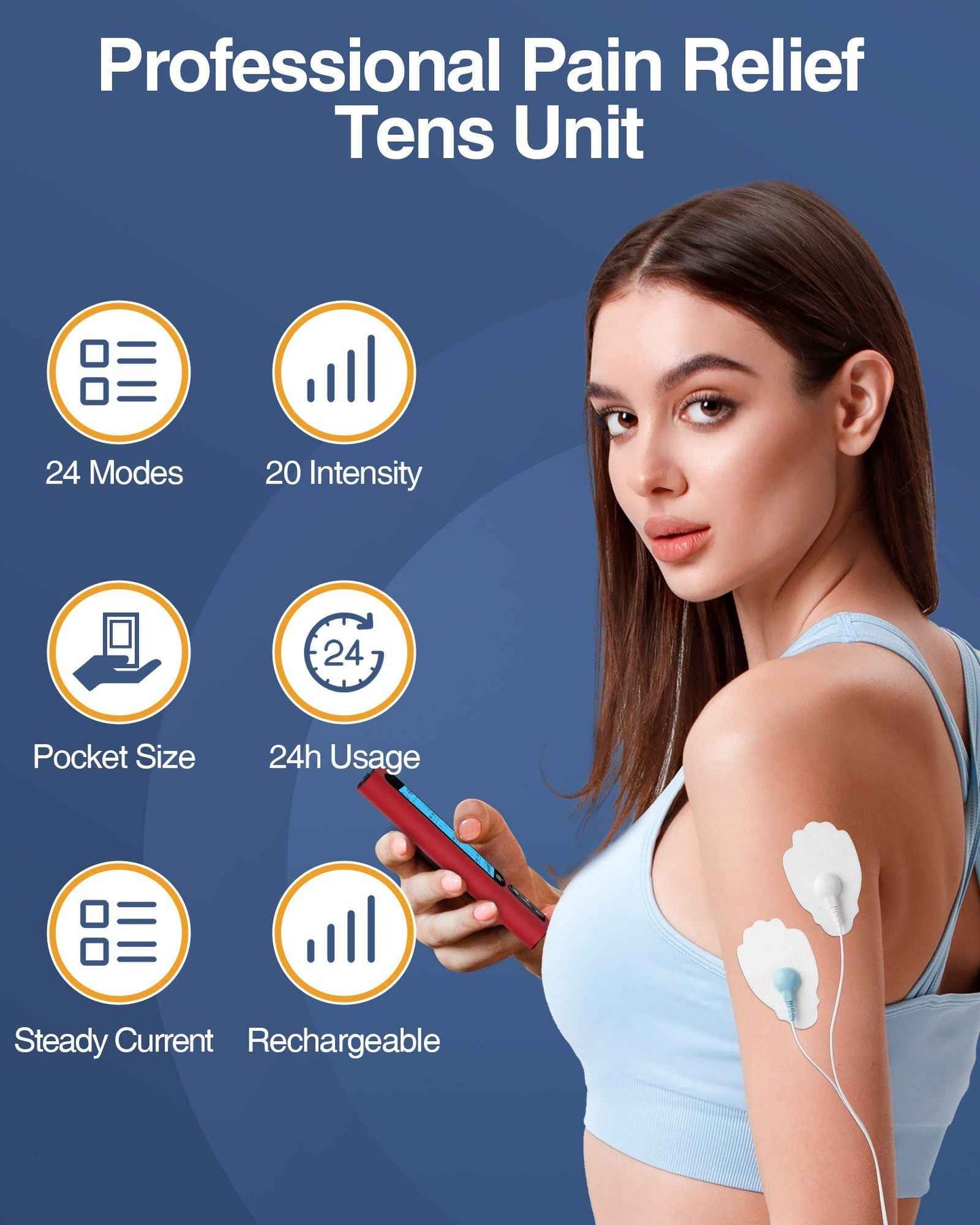 24 Modes TENS Unit Muscle Stimulator, Red Color, Rechargeable Electronic Pulse Massager with 8 Pads for Back and Shoulder Pain Relief and Muscle Strength
