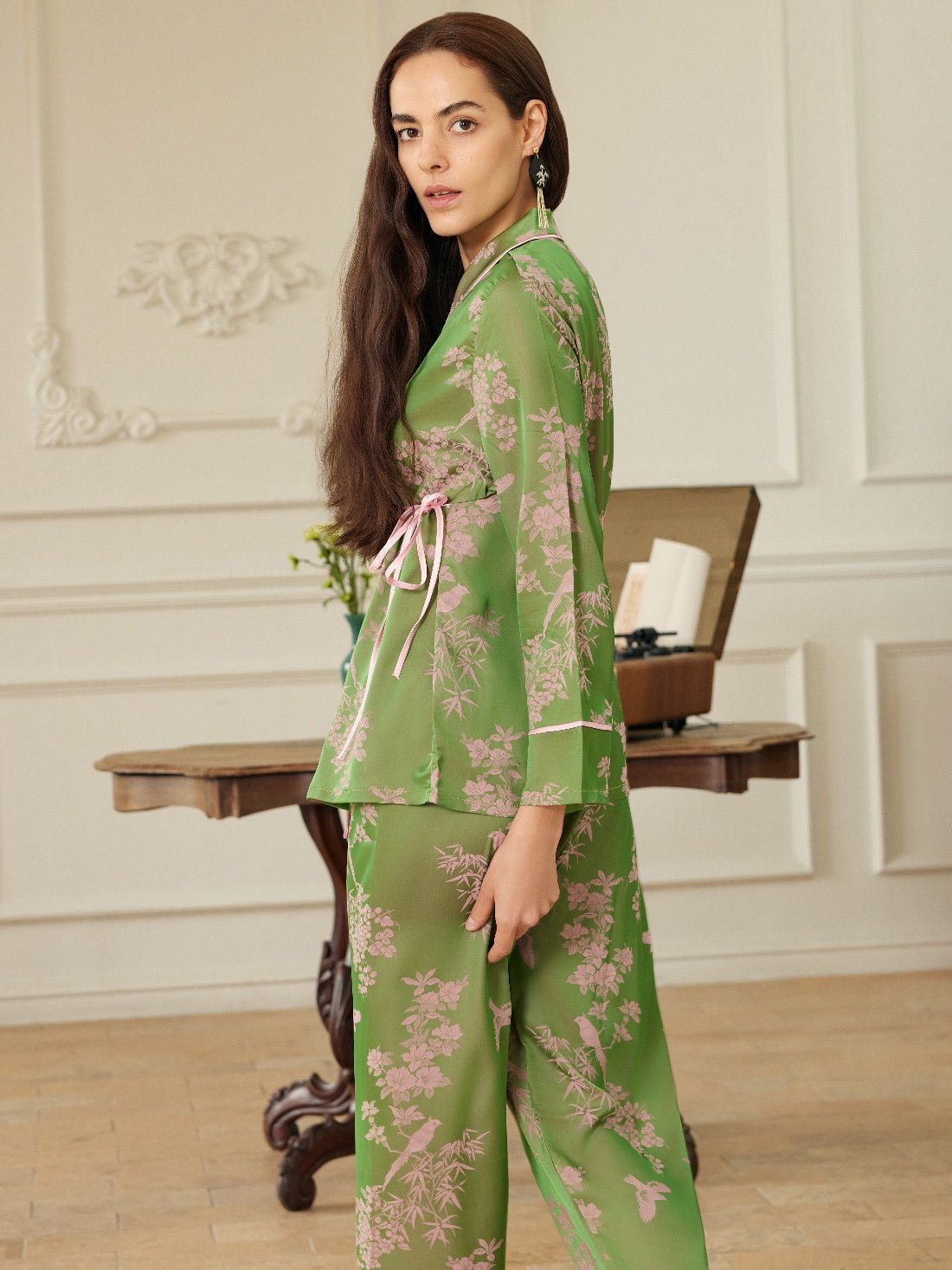 Elegant Pink Green Oriental Pajama Set with Asymmetrical Collar | Daily Health & Beauty