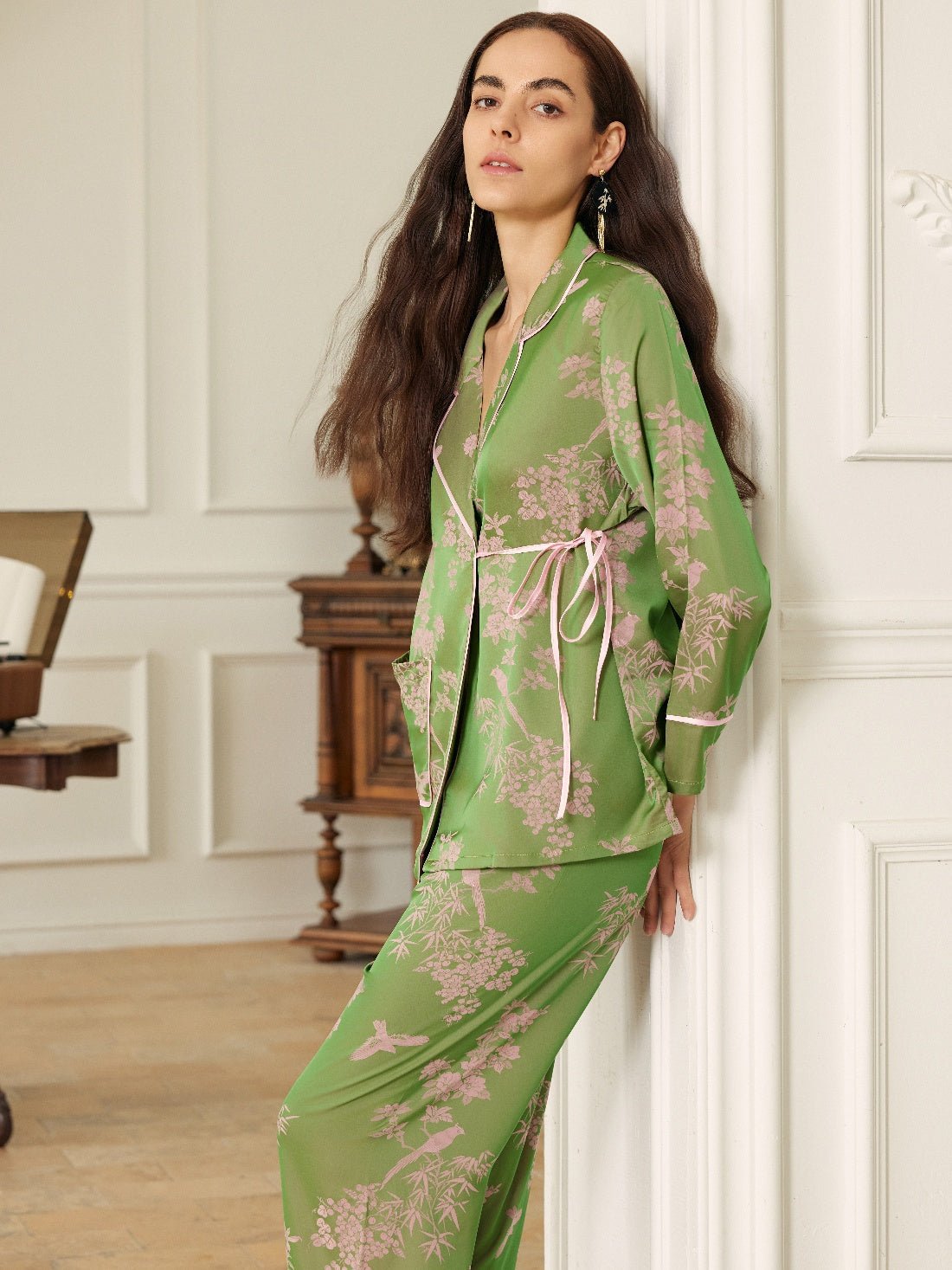 Elegant Pink Green Oriental Pajama Set with Asymmetrical Collar | Daily Health & Beauty