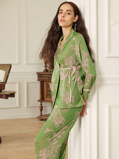 Elegant Pink Green Oriental Pajama Set with Asymmetrical Collar | Daily Health & Beauty