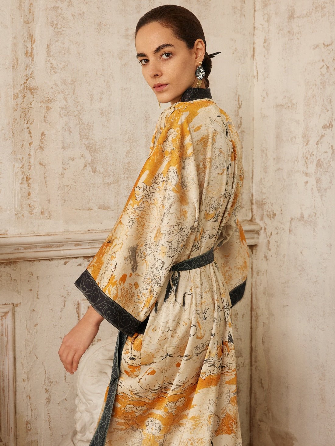 Elegant Yellow Crane & Lotus Kimono Robe with Pockets | Daily Health & Beauty