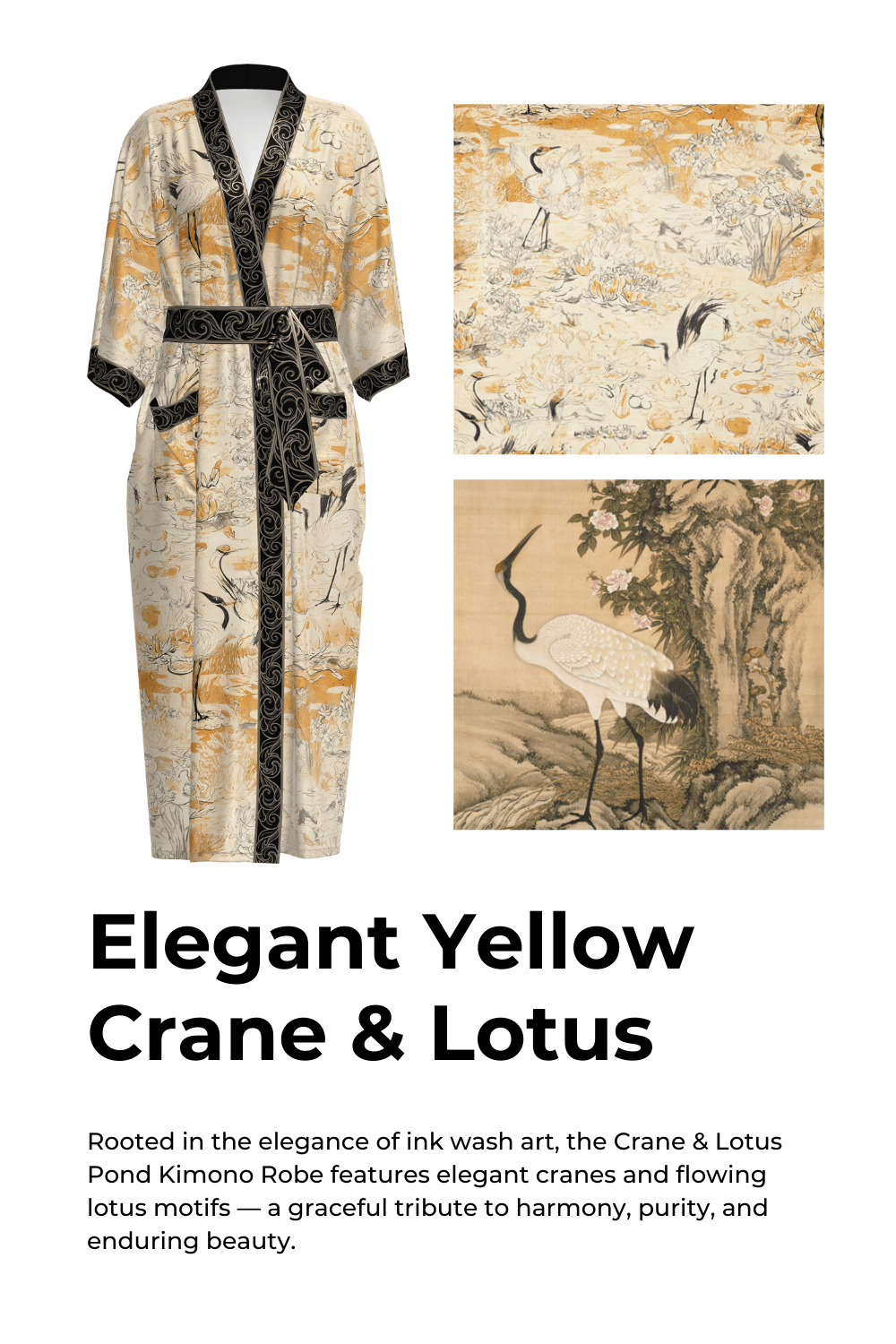 Elegant Yellow Crane & Lotus Kimono Robe with Pockets | Daily Health & Beauty