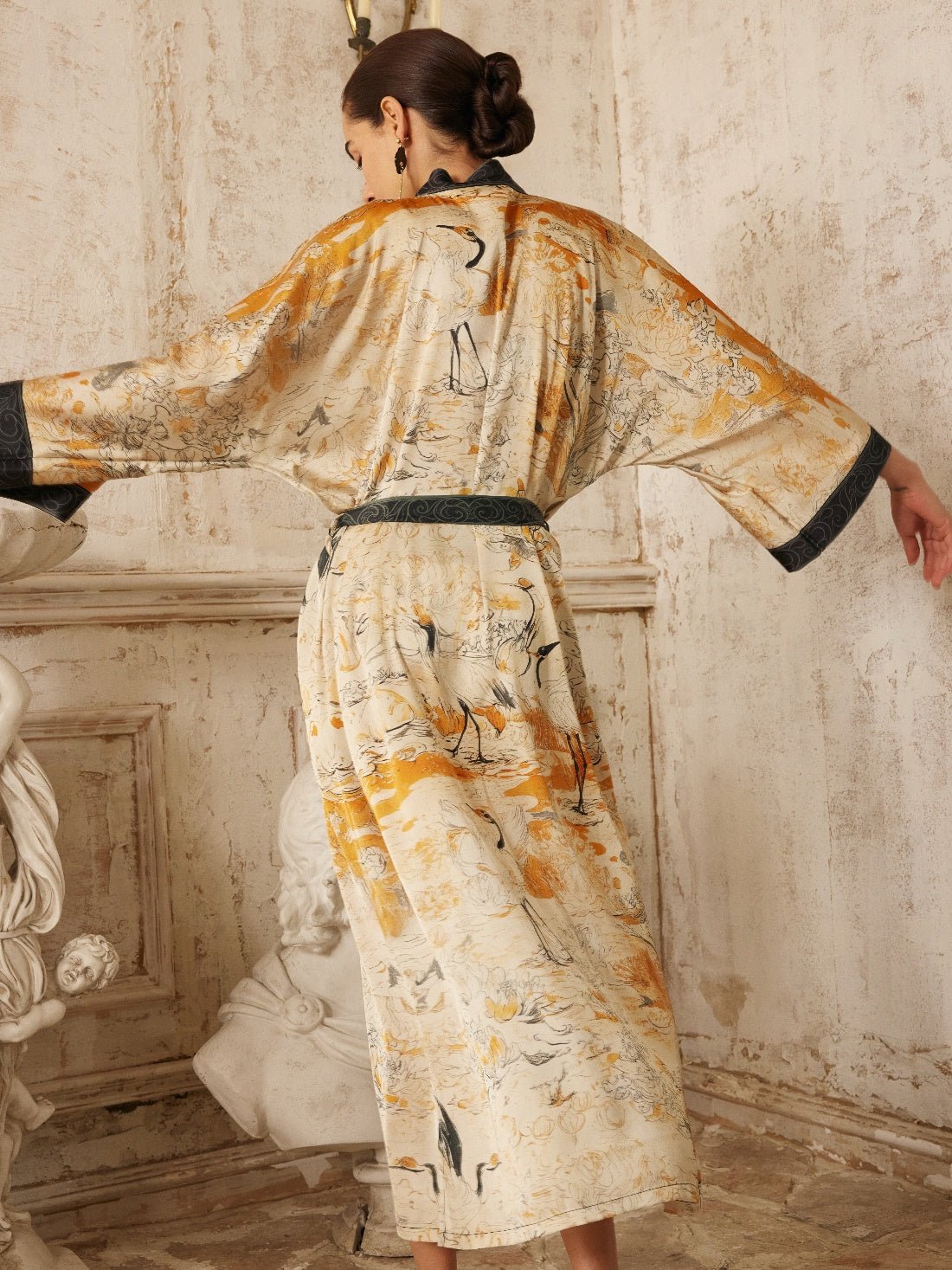 Elegant Yellow Crane & Lotus Kimono Robe with Pockets | Daily Health & Beauty