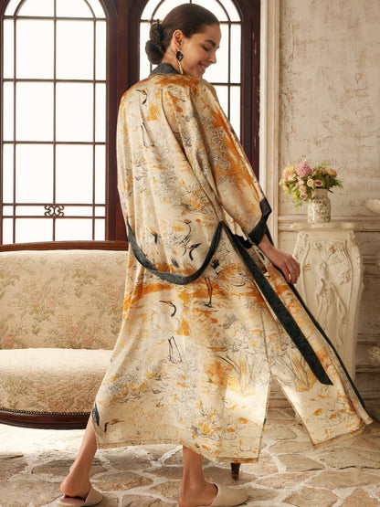 Elegant Yellow Crane & Lotus Kimono Robe with Pockets | Daily Health & Beauty