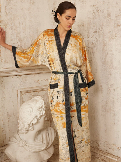 Elegant Yellow Crane & Lotus Kimono Robe with Pockets | Daily Health & Beauty
