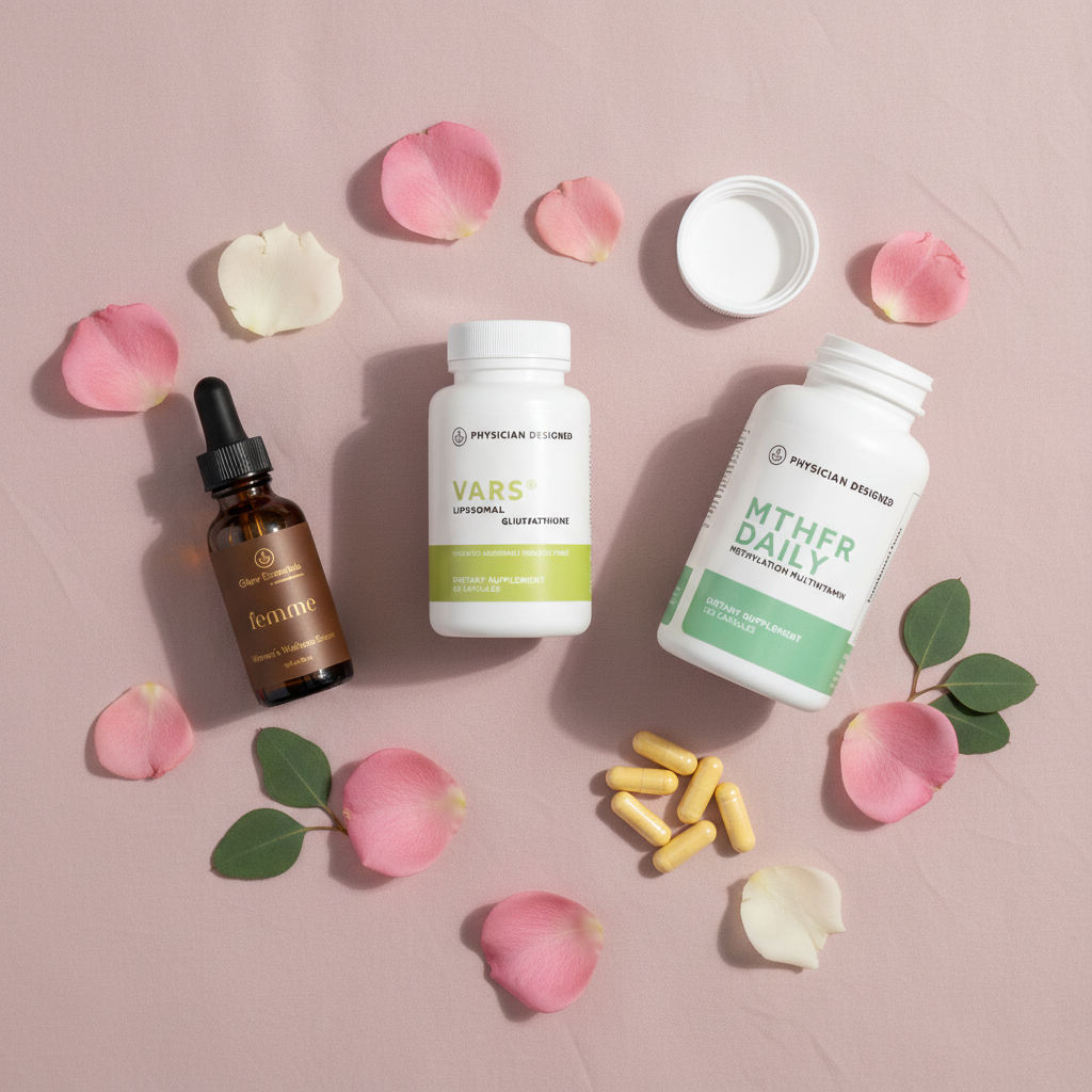 Femme Topical Progesterone Serum, VARS Liposomal Glutathione and MTHFR Daily Hormonal Balance and Skin Stack flat lay — three products with rose petals and green leaves on blush pink background — Physician Designed women's wellness bundle