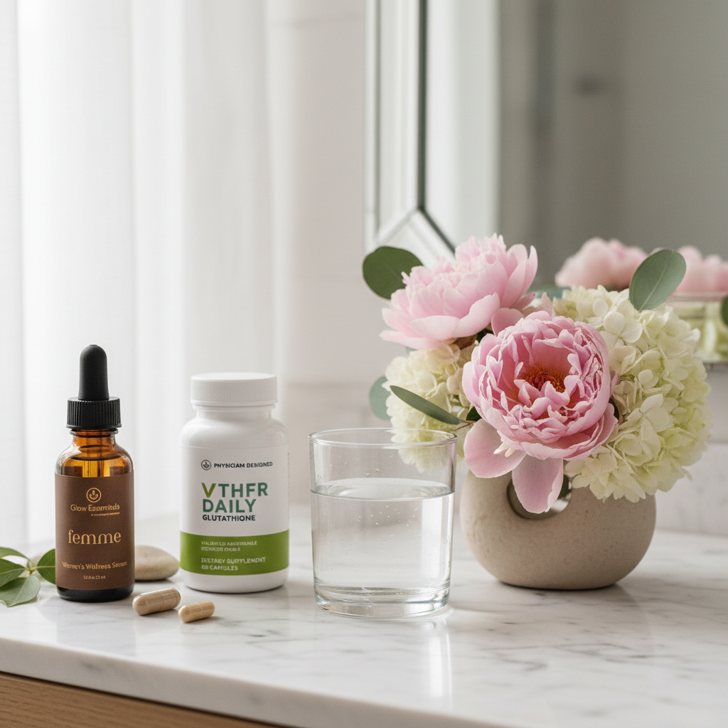 Femme Topical Progesterone Serum, VARS Liposomal Glutathione and MTHFR Daily Hormonal Balance and Skin Stack lifestyle photo — three Physician Designed products on marble vanity with flowers and water — women's hormonal health and skin support
