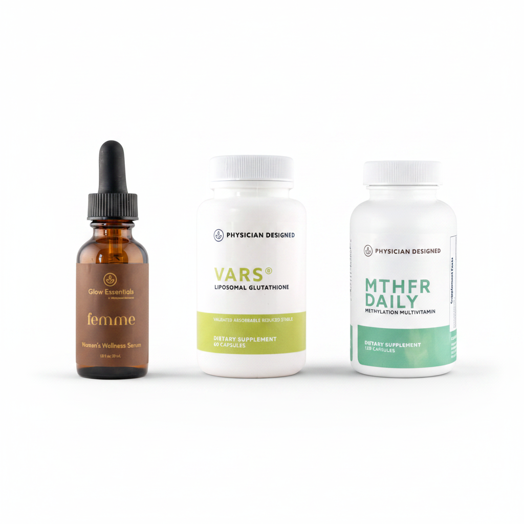 Femme Topical Progesterone Serum, VARS Liposomal Glutathione and MTHFR Daily Hormonal Balance and Skin Stack — three Physician Designed products on white background — women's hormonal balance, detox and methylation bundle